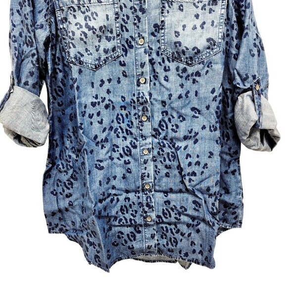 Side Stitch woman Blue Leopard Print Lyocell long Sleeve Shirt Size XS - Picture 8 of 13